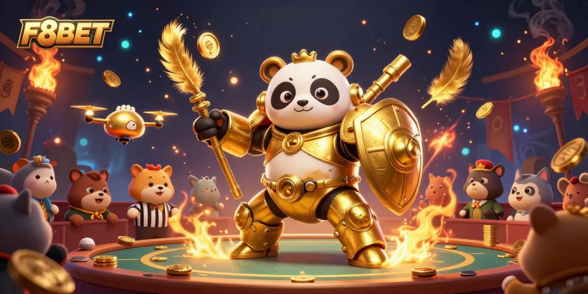 Experience thrilling gameplay with F8BET in a lively 3D gambling arena, featuring a golden panda and dynamic elements.