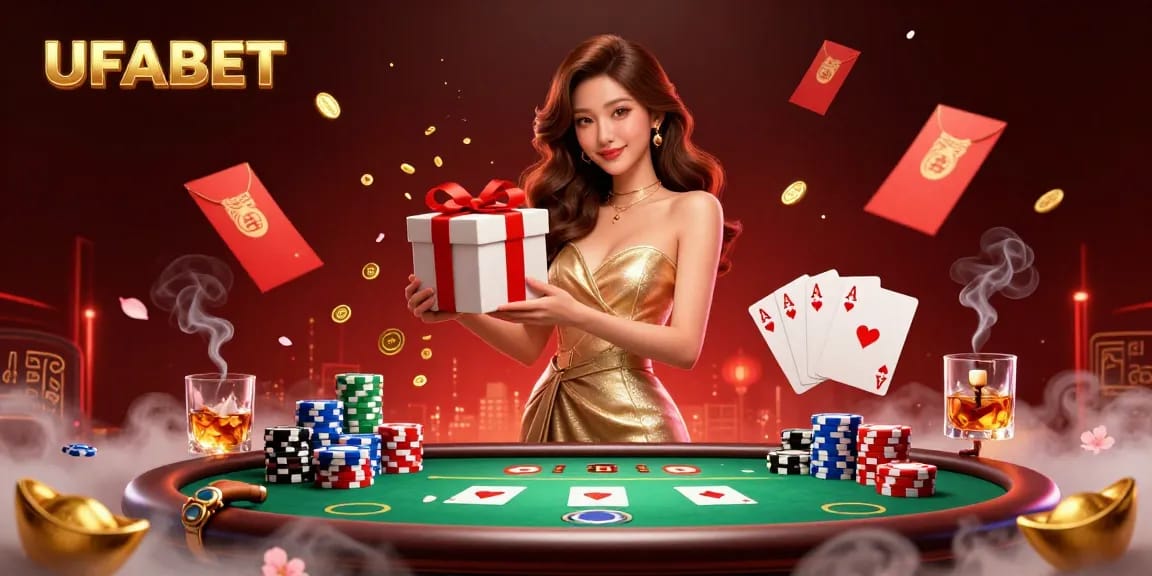 Experience thrilling gameplay at UFABET with a stunning Lunar New Year casino scene, featuring cards and coins.