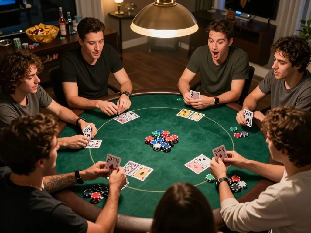 Friends enjoying poker night, showcasing strategy and excitement at the table while using 78wingo for seamless gaming.