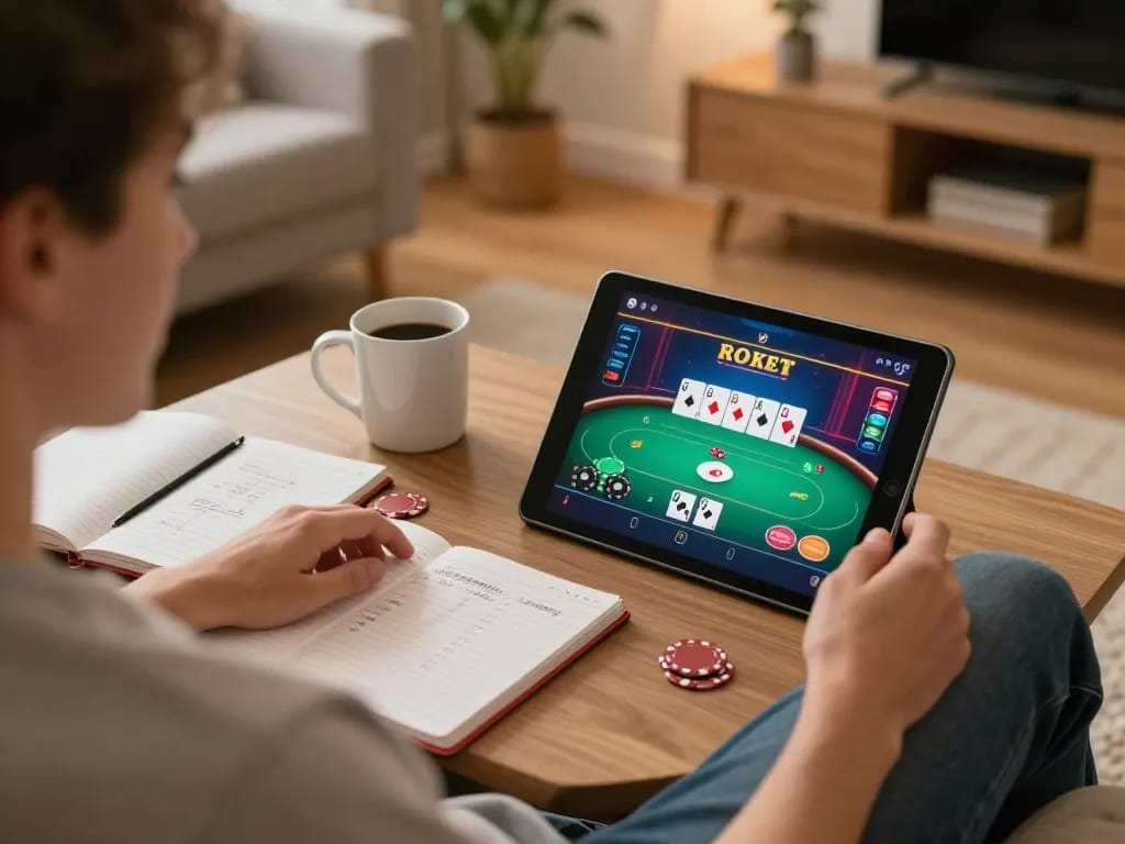 Engaging with 98win online casino gameplay, a player strategizes in a cozy home environment.