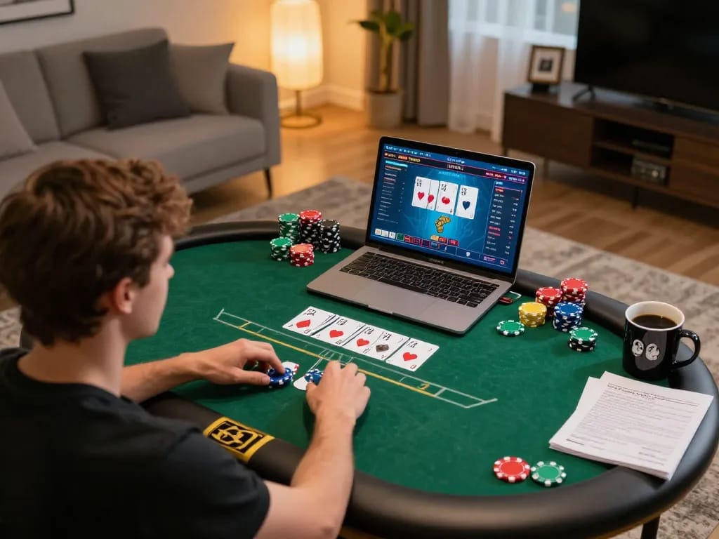 Sunwin player strategizing in an online poker game from a stylish living room atmosphere