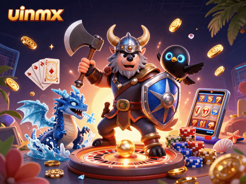 Experience thrilling gameplay with uinmx, featuring Viking warriors, dragons, and vibrant casino scenes.
