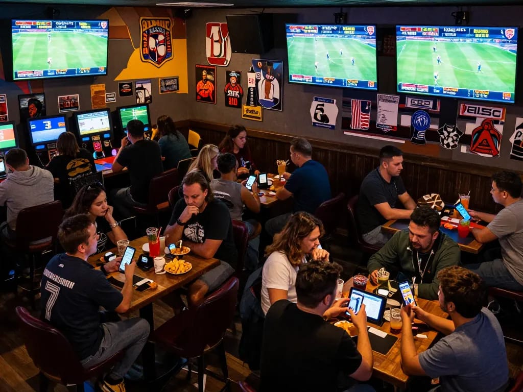Experience the thrill of sports betting at 888VND with excited patrons placing bets on live games.