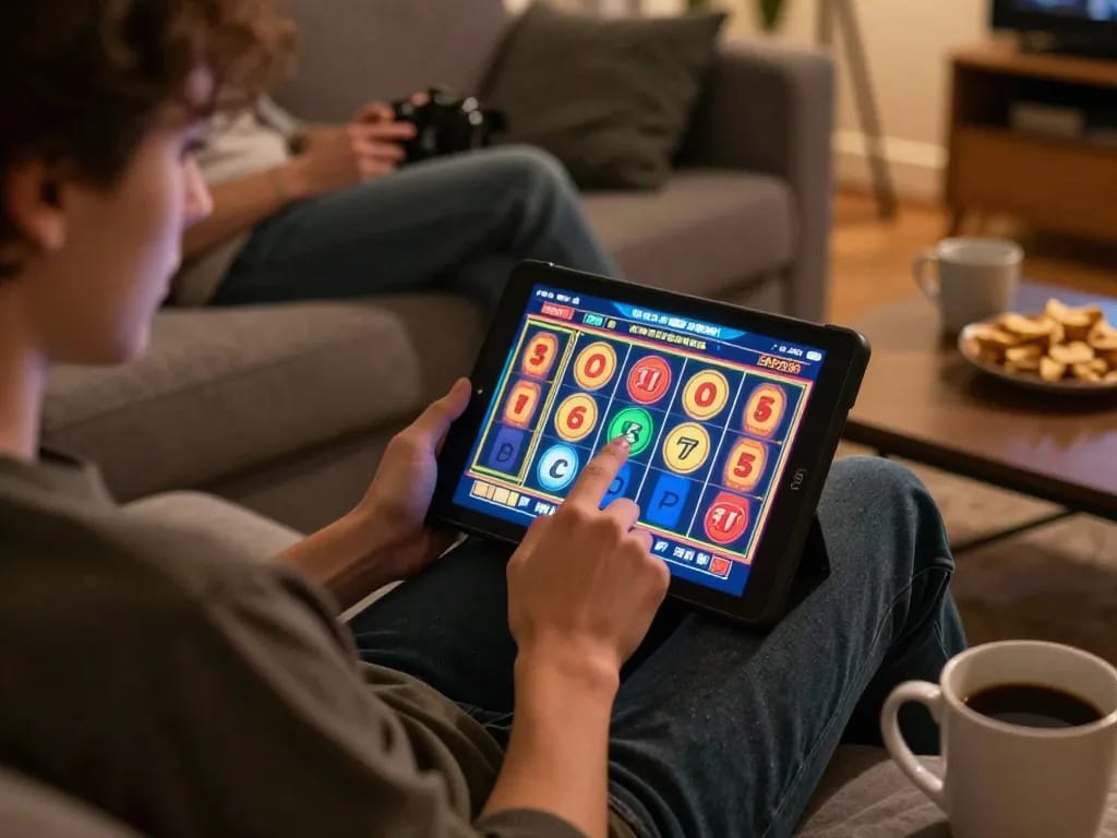 Player engaging with king garuda138 online slots, ready to spin the reels in a cozy home setting