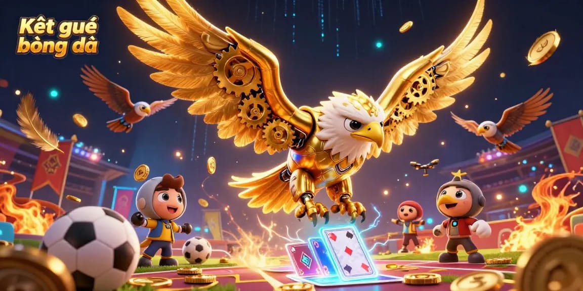 Engage with Kết quả bóng đá as a golden eagle soars through a dynamic sports betting scene filled with action and energy.