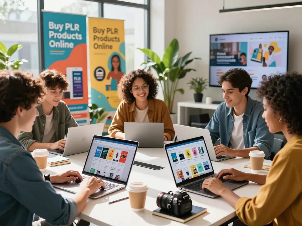 Dynamic e-commerce scene of diverse shoppers actively looking to Buy PLR Products Online in a bright, modern workspace.