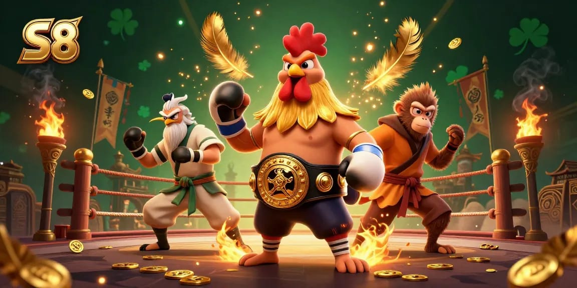 S8 presents an exciting Muay Thai rooster and martial artists in a vibrant casino scene filled with gold coins and flames.