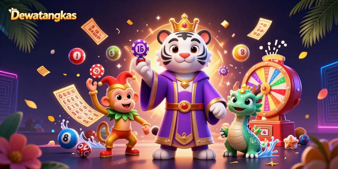 Dewatangkas offers vibrant gaming excitement with a dynamic illustration showcasing a white tiger, monkey, and dragon.