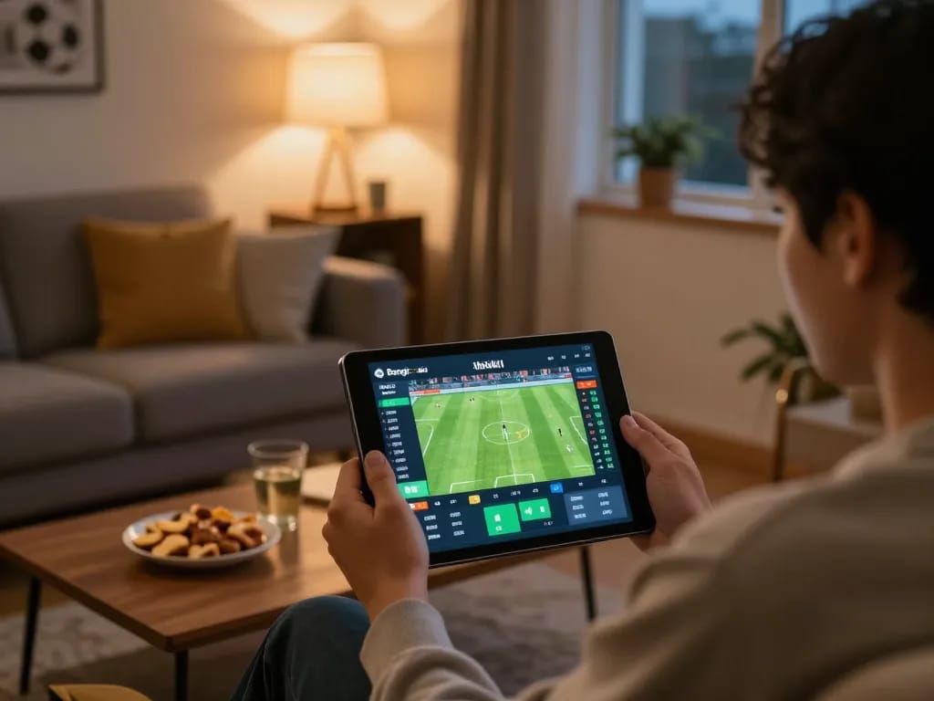 Bongdalu user enjoying live sports betting on a tablet in a cozy home setting, highlighting real-time scores and engaging atmosphere.