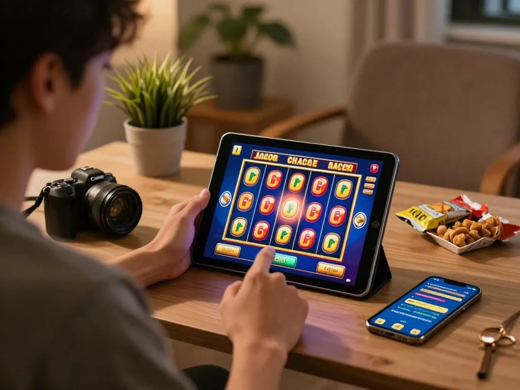 Play slot gacor online with dynamic gameplay on a tablet in cozy home office.