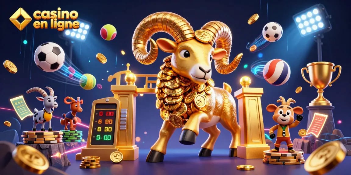 Visualisez un casino en ligne captivant avec un bélier doré, des balles de sport et des éléments dynamiques.
