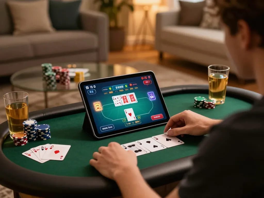 Player strategizing while using webnk88 for online poker in a cozy home setting.