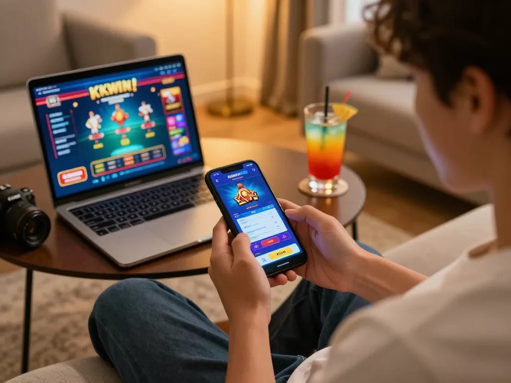 Player enjoying KKWIN app on smartphone while relaxing at home, capturing online gambling excitement