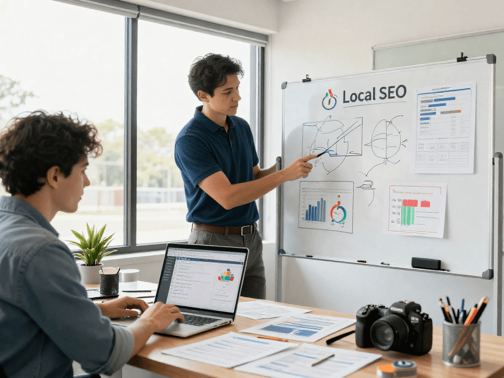 Local SEO for contractors teamwork scene in a vibrant home-service office environment.