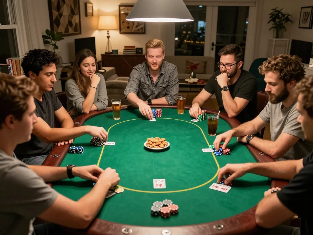 Friends enjoying a lively poker night at home, engaging in strategic gameplay with superjp cards and chips