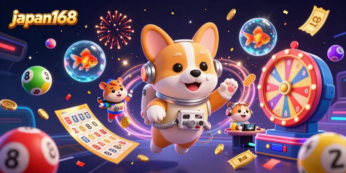 Win big at japan168 with this vibrant casino-themed illustration featuring playful characters.