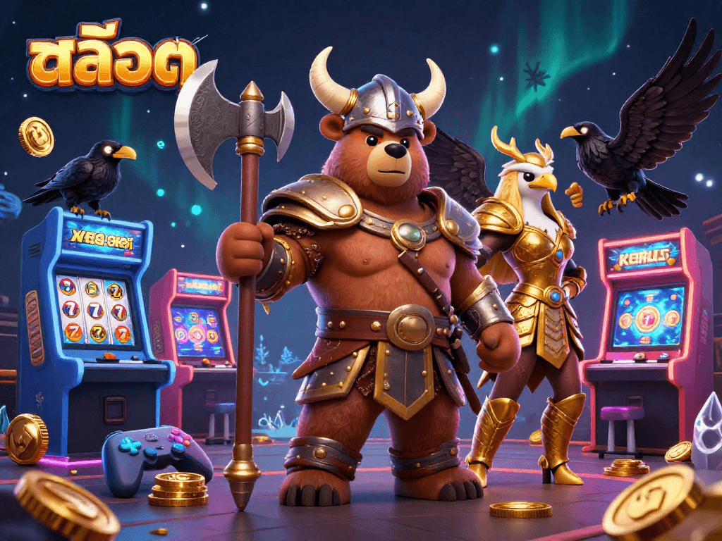 Experience thrilling สล็อต action with a Viking bear and Valkyrie eagle amid vibrant casino elements.