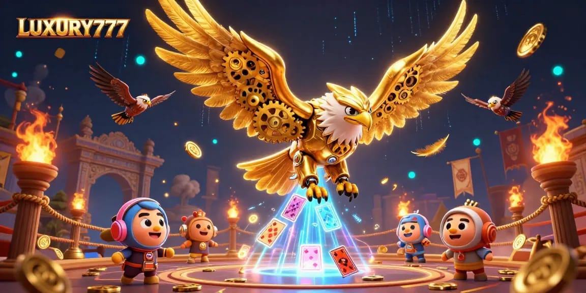 Menikmati kemenangan dengan LUXURY777, ilustrasi kasino yang menawan menampilkan elang cybernetic yang menyelam melalui kartu bermain.