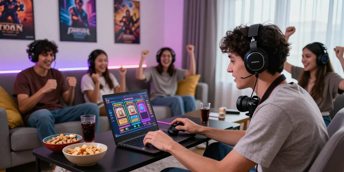 Player enjoying slot dana game in a vibrant living room with friends