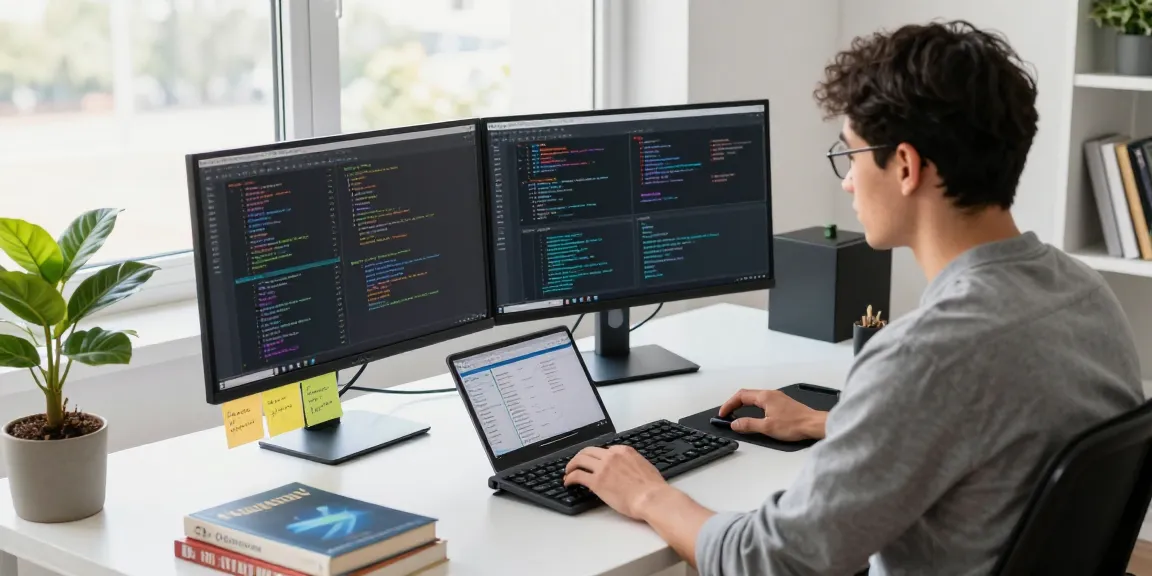 Developer coding in a modern tech workspace, showcasing 纸飞机中文版 communication tools and app interfaces.