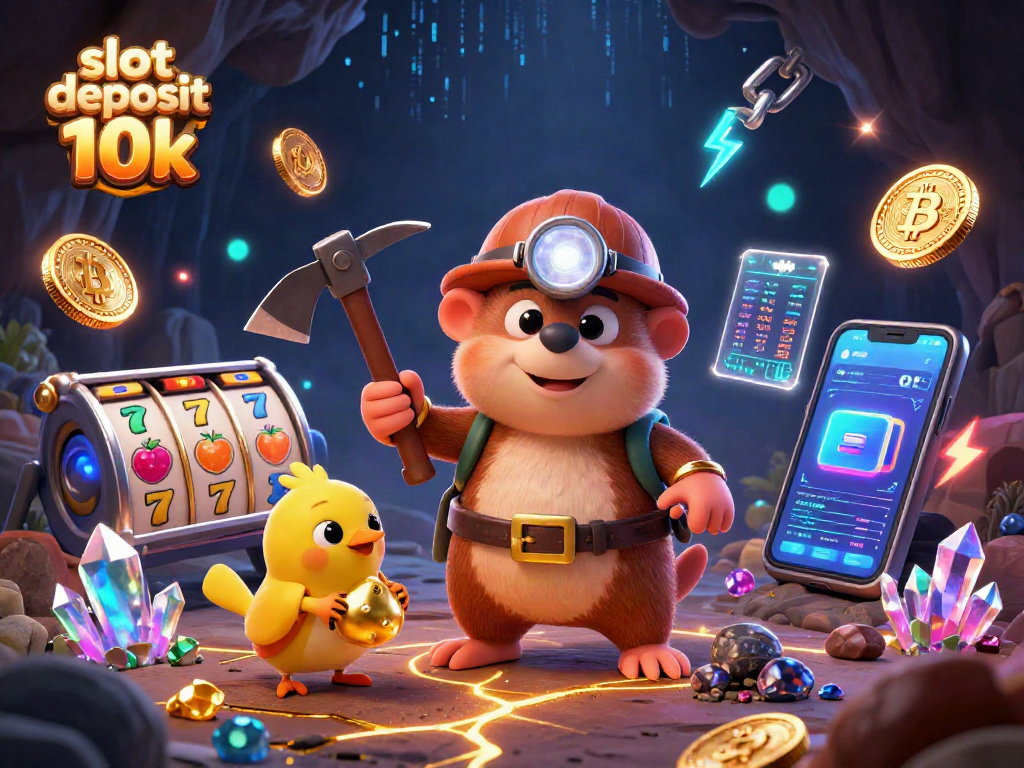 Engage in thrilling gameplay with slot deposit 10k, featuring a treasure hunter mole and slot machines.