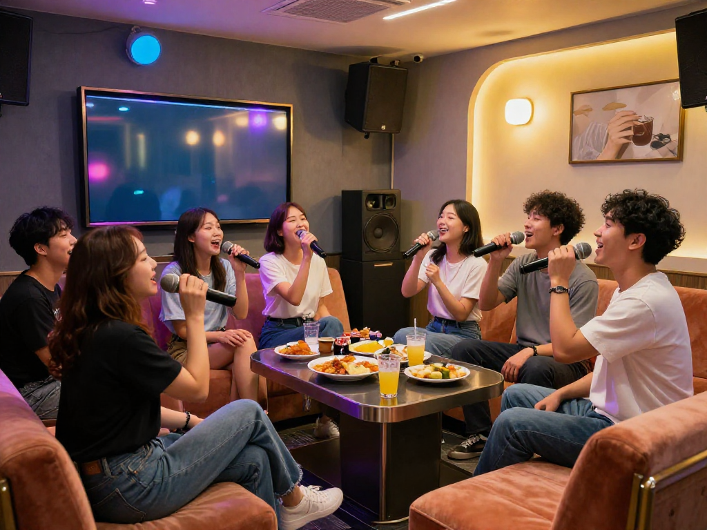 강남 유앤미에서 친구들과 즐거운 시간을 보내는 프라이빗 가라오케룸 모습