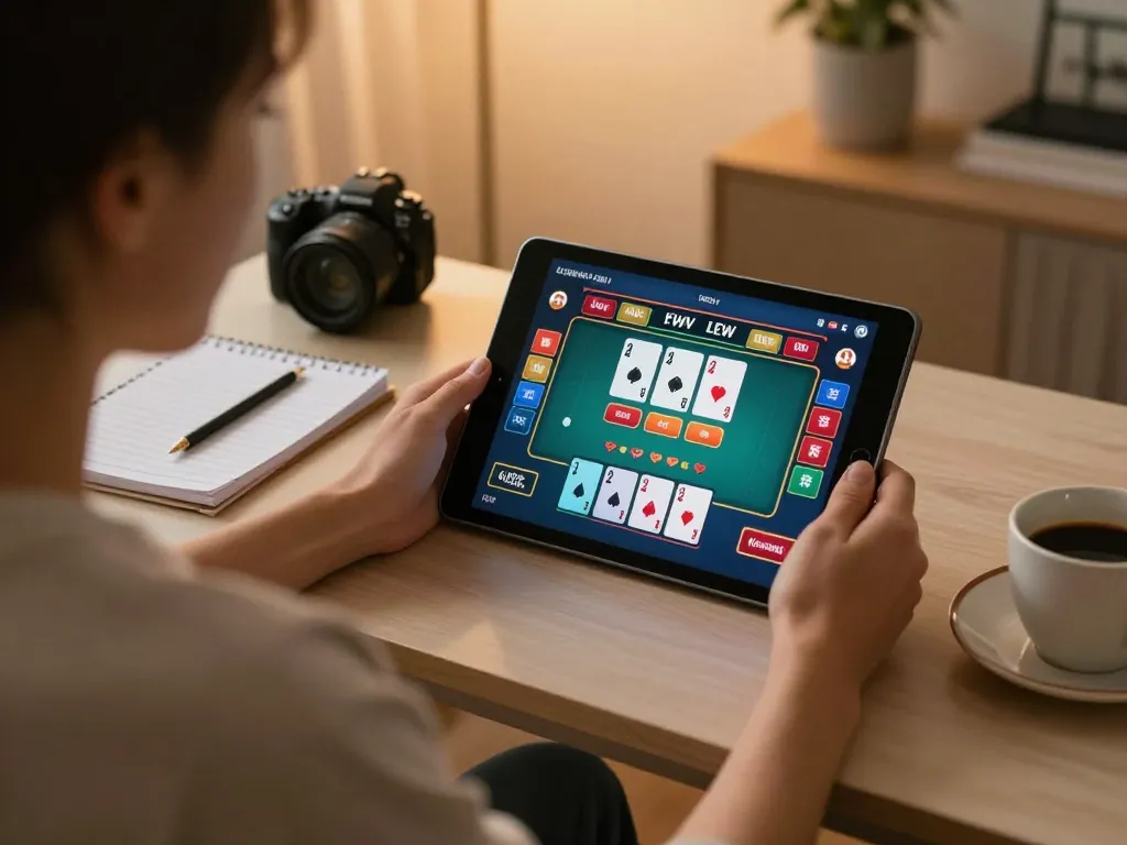 Engaging scene with link 789win displayed on a tablet for online blackjack gaming, cozy home atmosphere promoting responsible gambling.