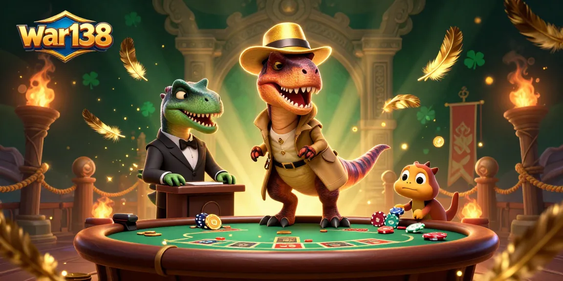Experience thrilling blackjack action at WAR138 with a velociraptor card counter, as a stegosaurus pit boss watches closely.