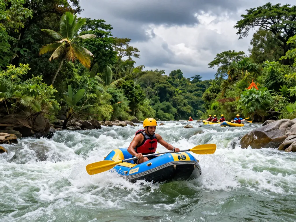 Dandeli river rafting adventure with lush green forests, thrilling water splashes, and outdoor enthusiasts enjoying the activity.