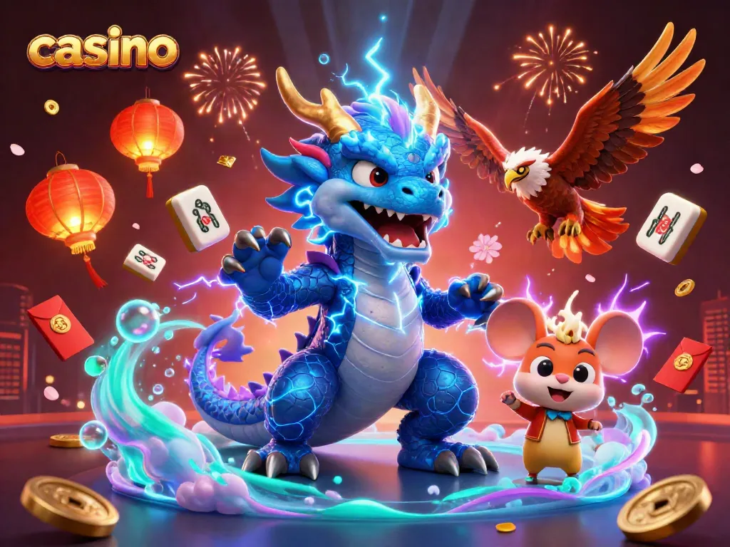 Experience thrilling casino excitement with dynamic 3D characters and elements in this vibrant scene.