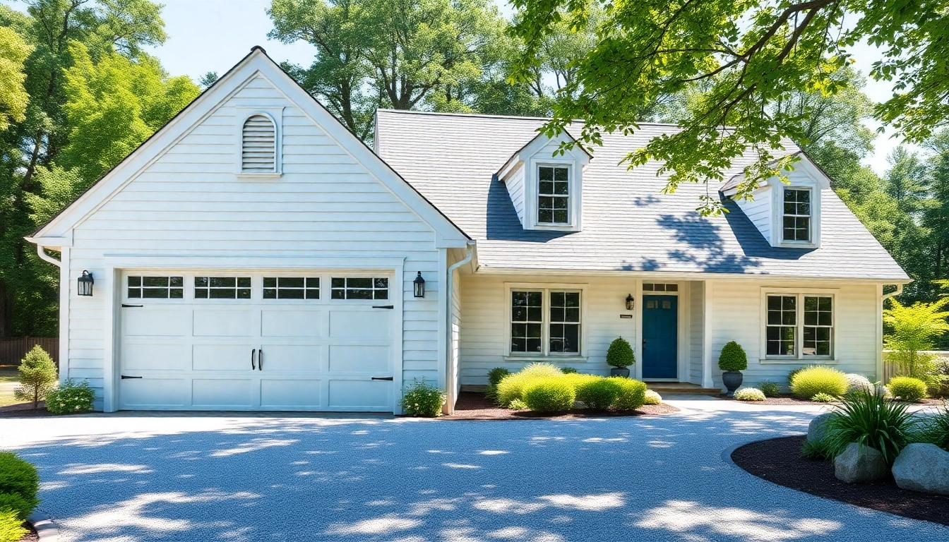 Elevated view of Cape Cod homes featuring attached garage and vibrant landscaping.