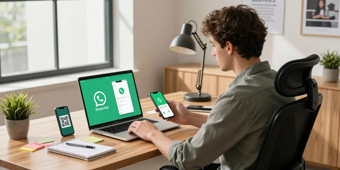 Professional workspace showing WhatsApp網頁版 interface on a laptop during productive work.