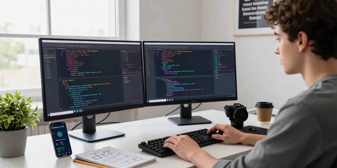 Developer focusing on a mobile app development course online, working with Kotlin on dual monitors in a bright workspace.
