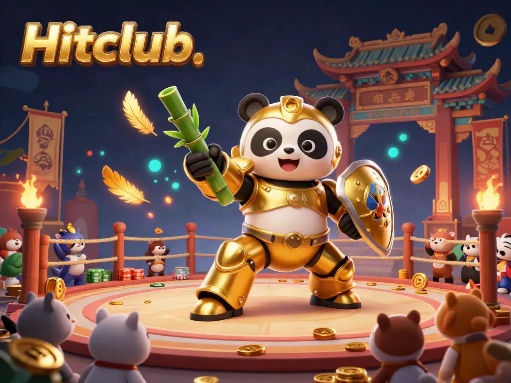 Engage in thrilling gambling action at Hitclub with a mech-suit golden panda in a lively arena.