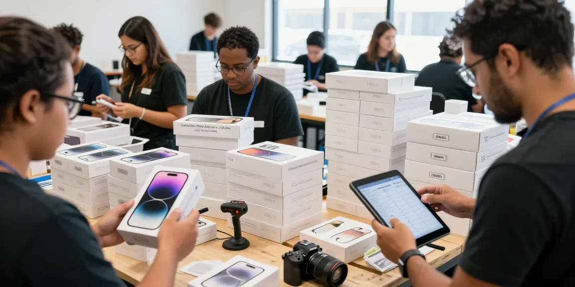 Liquidation iPhone Pallets for Sale – 20 Units (High Resale Value) being inspected in a busy warehouse for resale.
