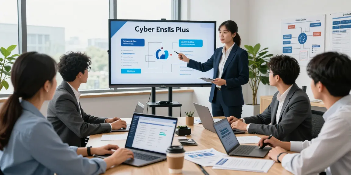 Engaging Cyber Essentials Plus certification meeting with team reviewing compliance metrics and security dashboards in a modern office.