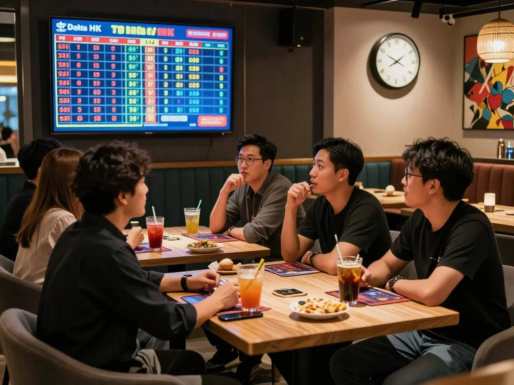 Engaged bettors watching live Data HK updates in a modern lounge, filled with excitement.