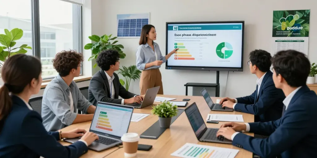 Professionals discussing Esos phase 4 compliance strategies in a sustainable office environment with energy management data displayed.