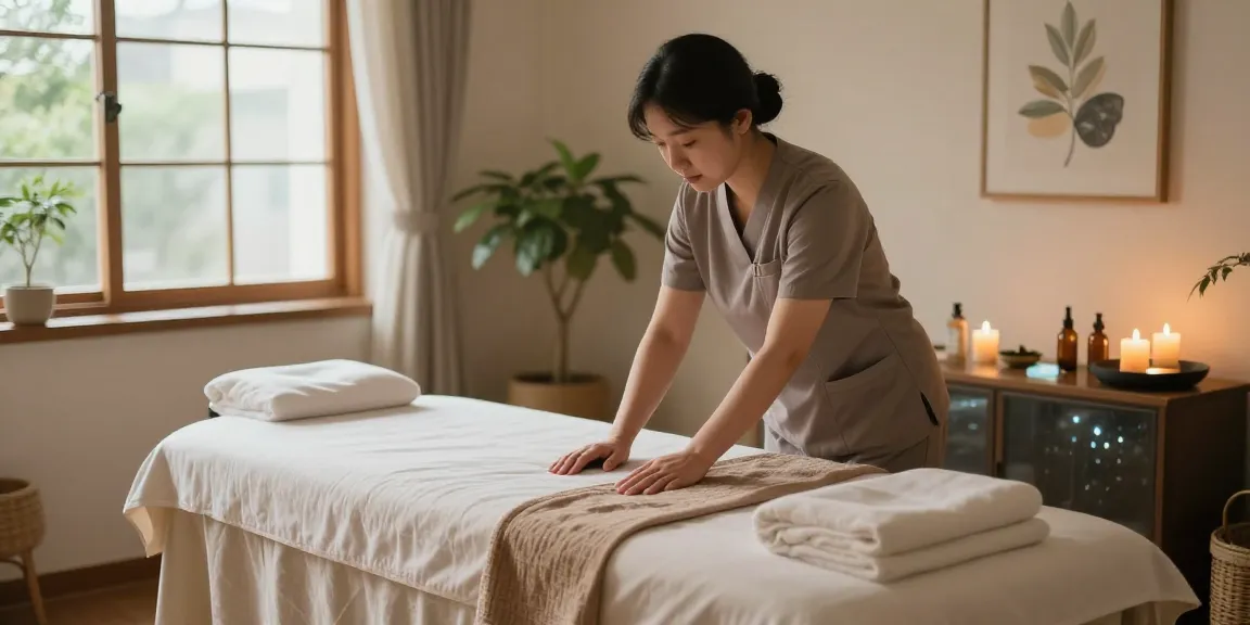 An inviting 안양출장마사지 scene with a professional preparing a tranquil massage room, enhancing relaxation and comfort for clients.