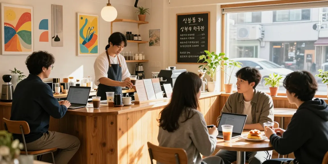 Engaging cafe scene with barista discussing 상봉동 한국관 promotion.