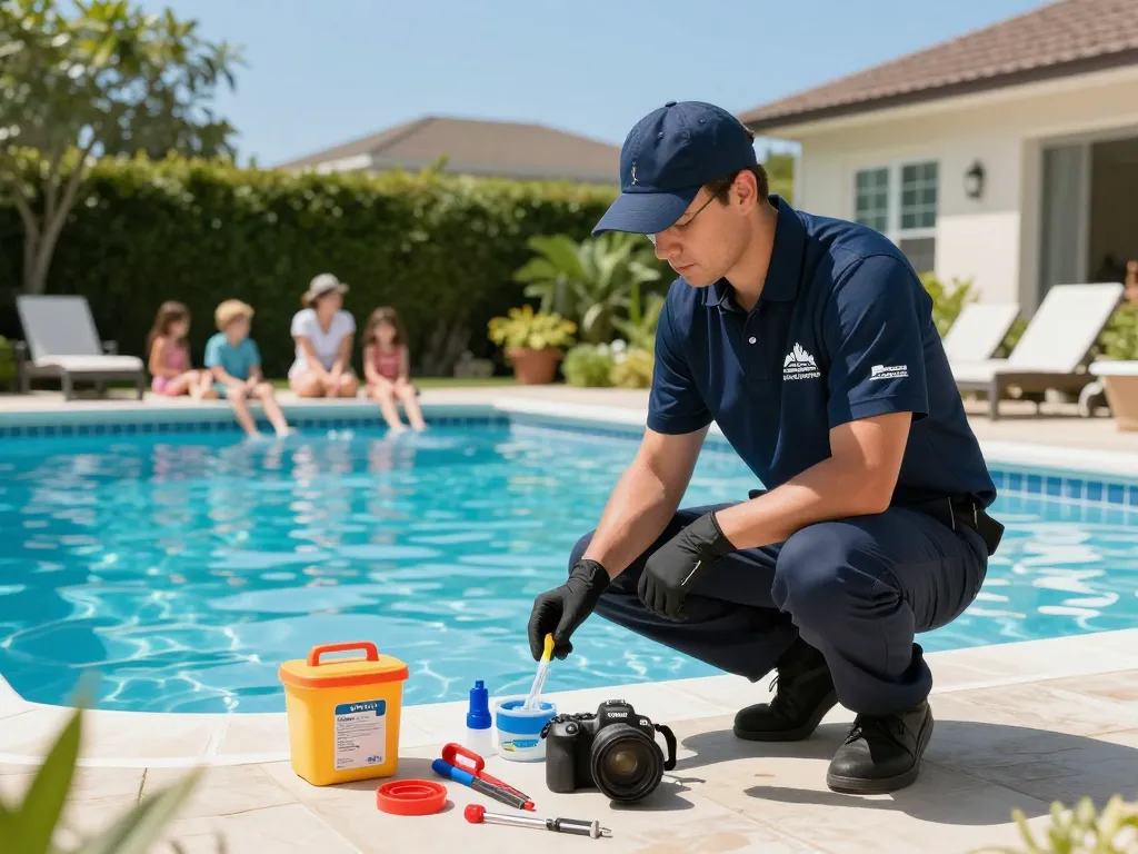 Dolphin Pool Services technician inspecting a residential pool, showcasing expert maintenance and care.