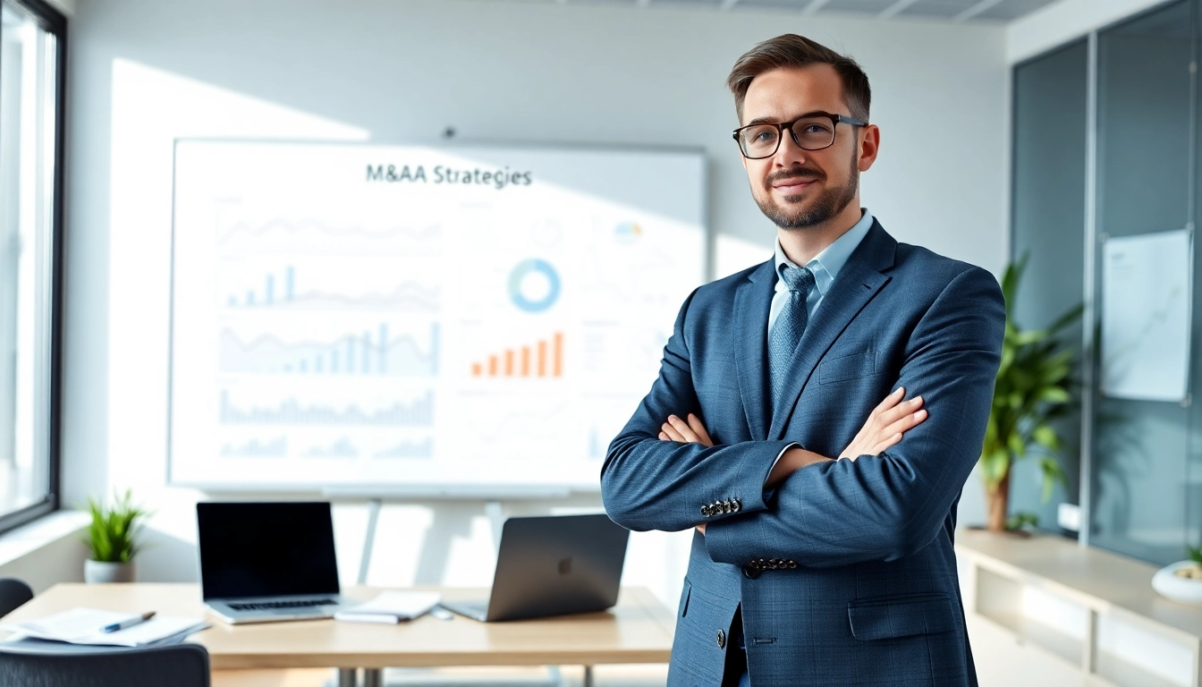 재무 자문이 M&A 전략을 설명하는 세련된 사무실