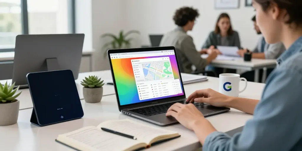 Google Maps scraping tool by Outscraper demonstrated in a bright professional workspace