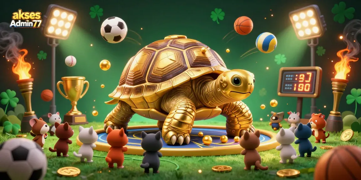 Engage in gaming with akses Admin77, featuring a golden tortoise and dynamic sports elements.