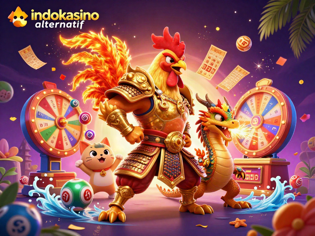 Menghadirkan "indokasino alternatif", ilustrasi 3D dinamis dengan pejuang ayam dan naga, dikelilingi bola lotere berwarna-warni.