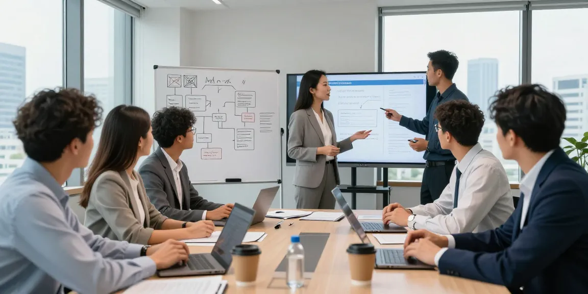 Team collaboration in an MBM-focused corporate meeting, showcasing innovative strategies and professional dynamics.