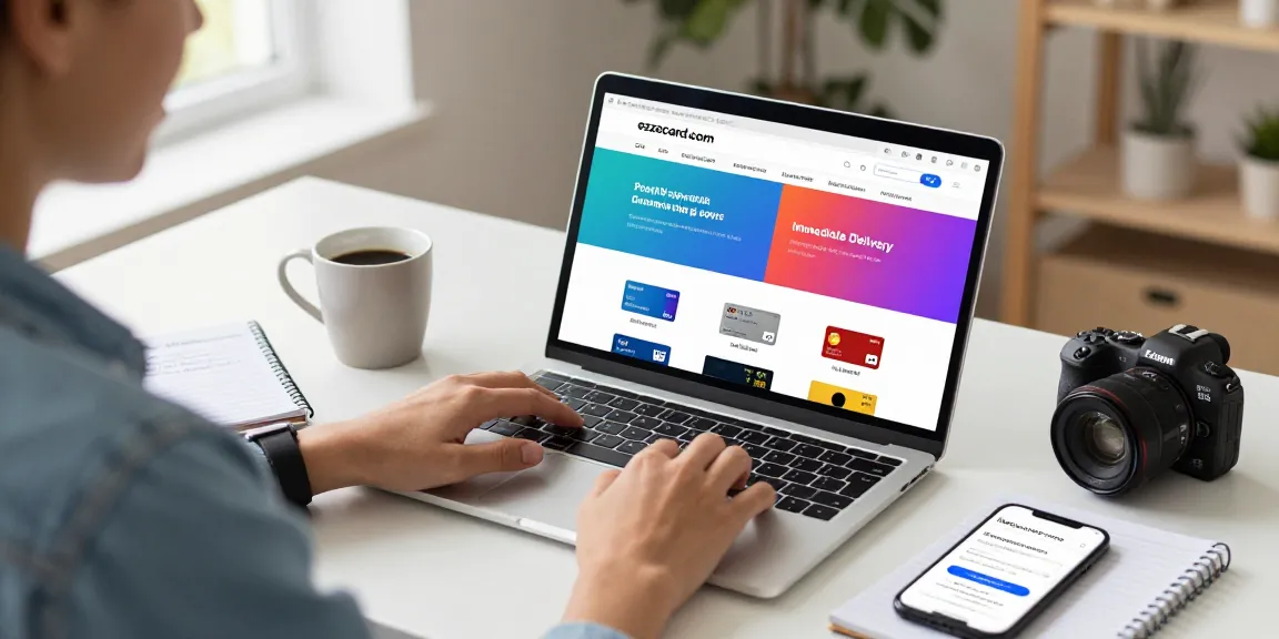 Online shopping for prepaid cards at ezzocard.com, showcasing features and benefits in a dynamic home office setting.