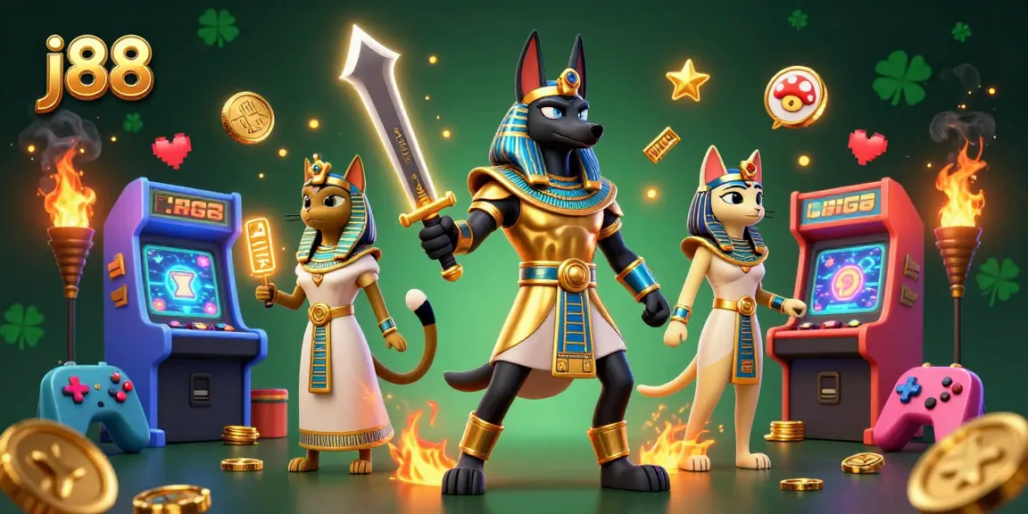 Experience vibrant gameplay at j88 with Anubis and Bastet in this captivating casino scene.