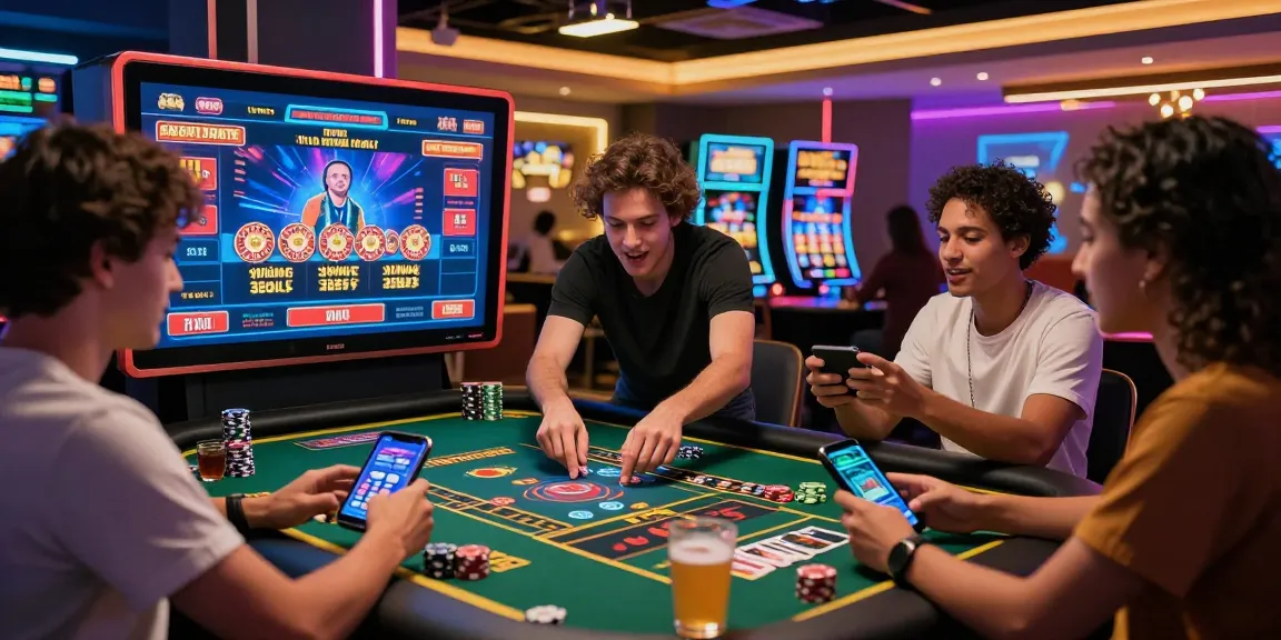 Groupe d'amis engagés dans le casino en ligne argent réel avec des jeux en direct et une atmosphère vibrante.