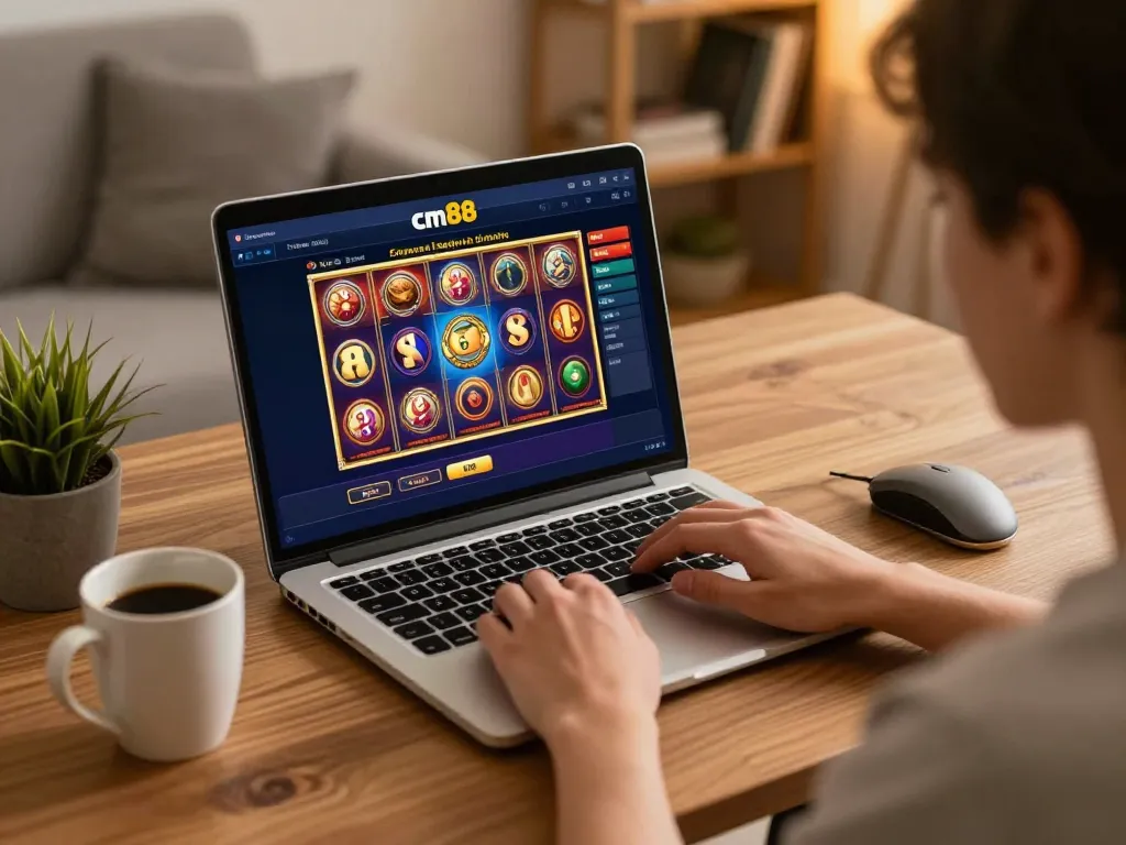 Engaging online gaming scene with cm88 casino interface on a laptop, coffee cup nearby, inviting atmosphere.